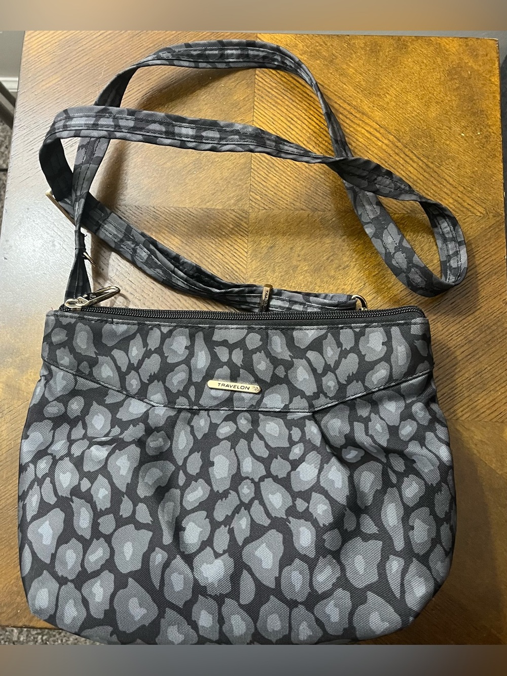 Travelon Black and Gray Leopard-Print Crossbody Bag